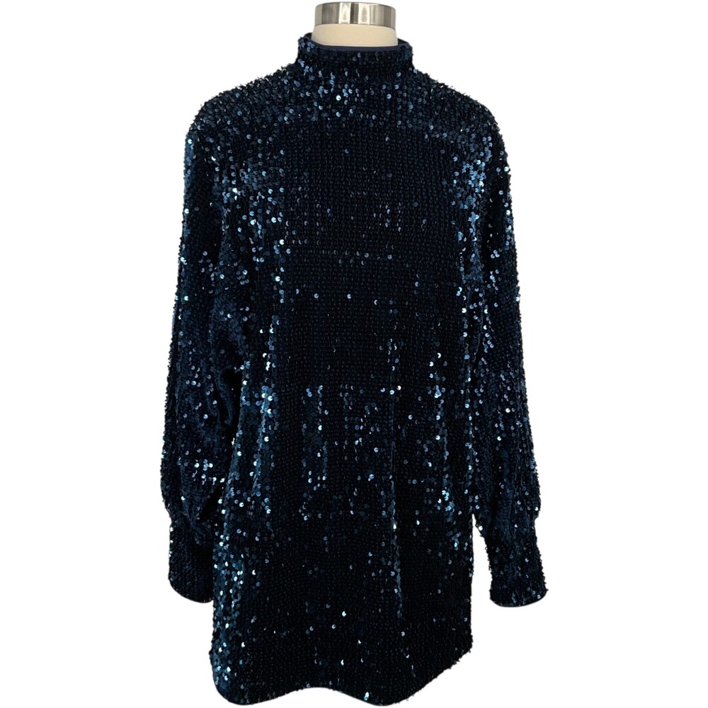 Camila Coehlo Jezabel Mini Dress Midnight Blue Womens Small Sequins Long Sleeve